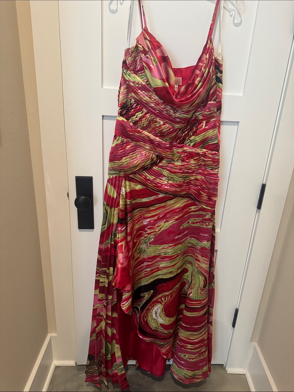Women’s Pink & Green SZ 12 Hi-Lo Swirl Print Satin Evening Dress
